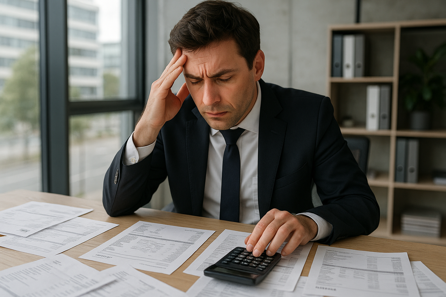 Professional business person looking stressed while reviewing financial documents and using calculator