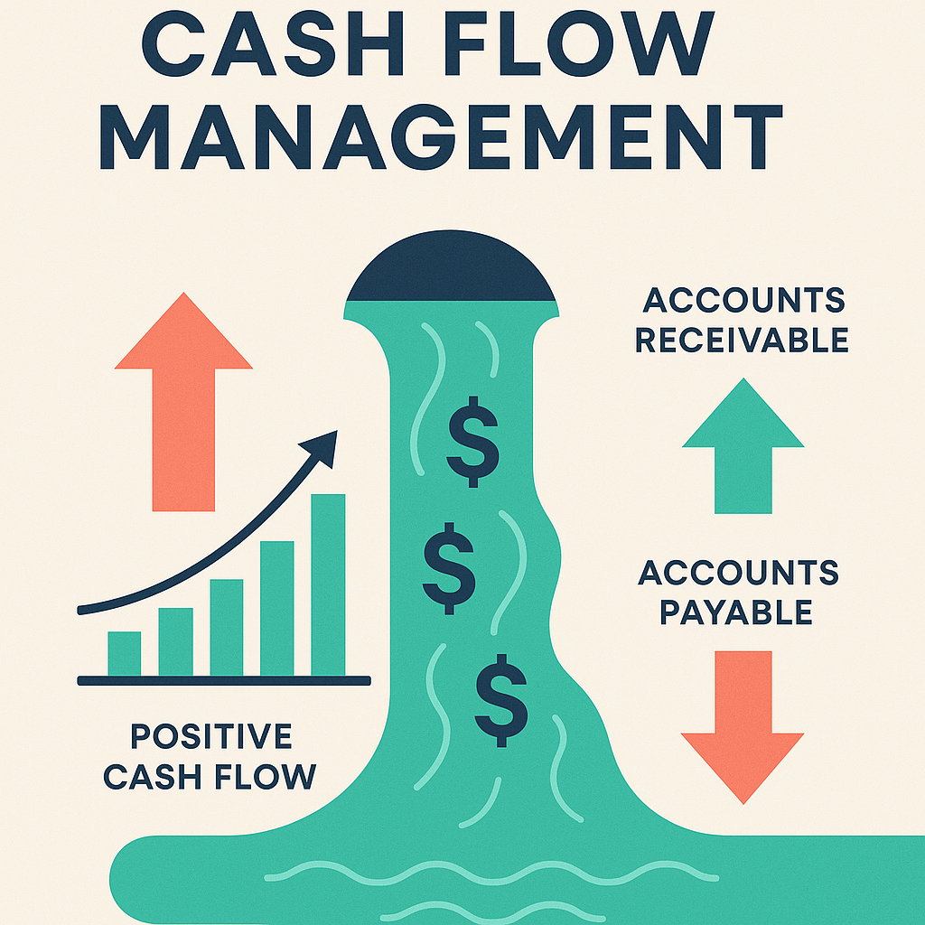 Cash flow management infographic showing positive cash flow, accounts receivable, and accounts payable for scaling businesses