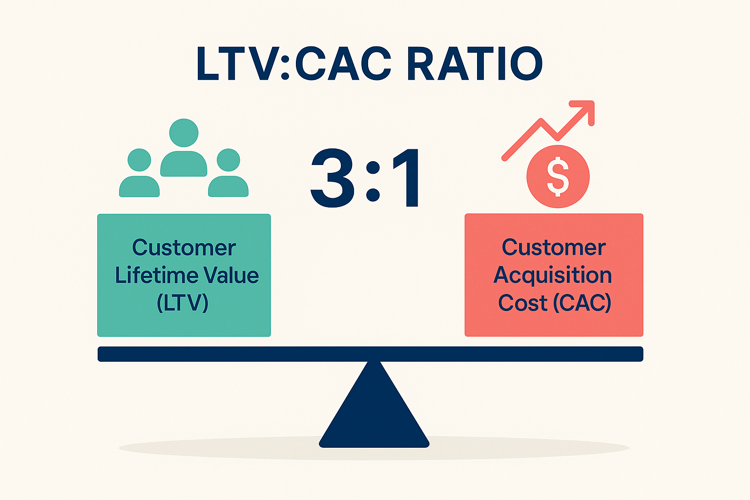 LTV to CAC ratio visualization showing the ideal 3:1 ratio for sustainable business growth