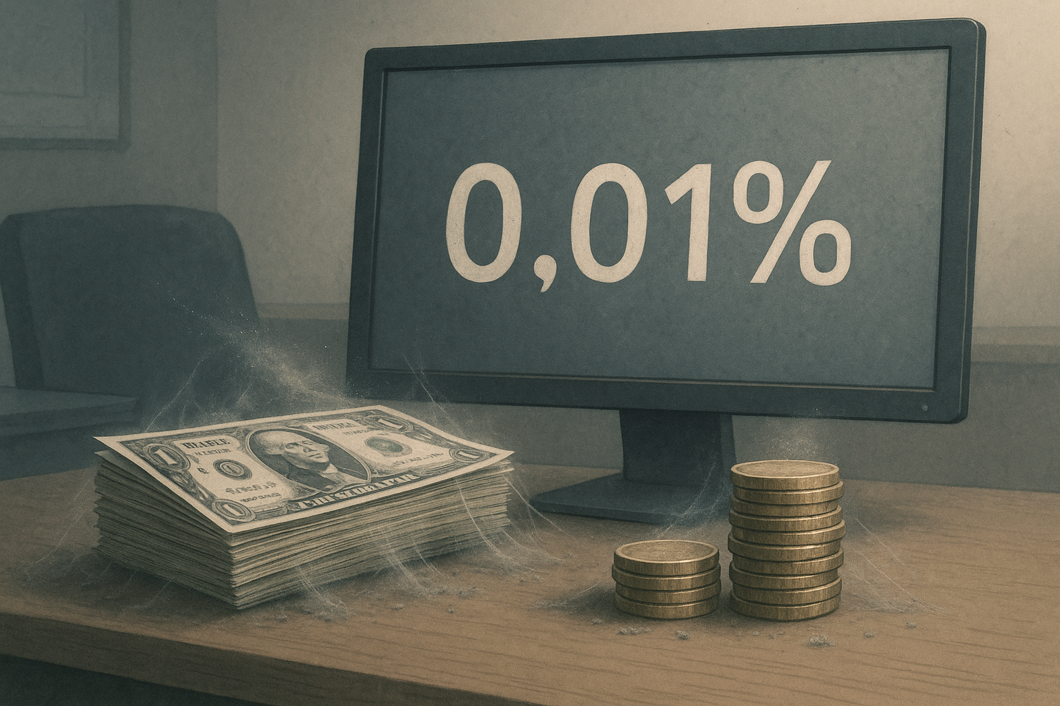 Conceptual image of money sitting idle with 0.01% interest rate displayed on computer screen