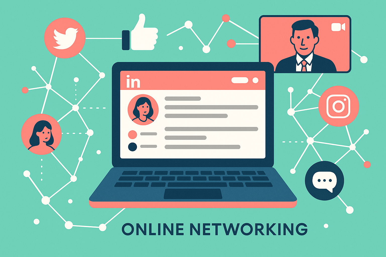 Online networking platforms illustration with laptop and social media connections