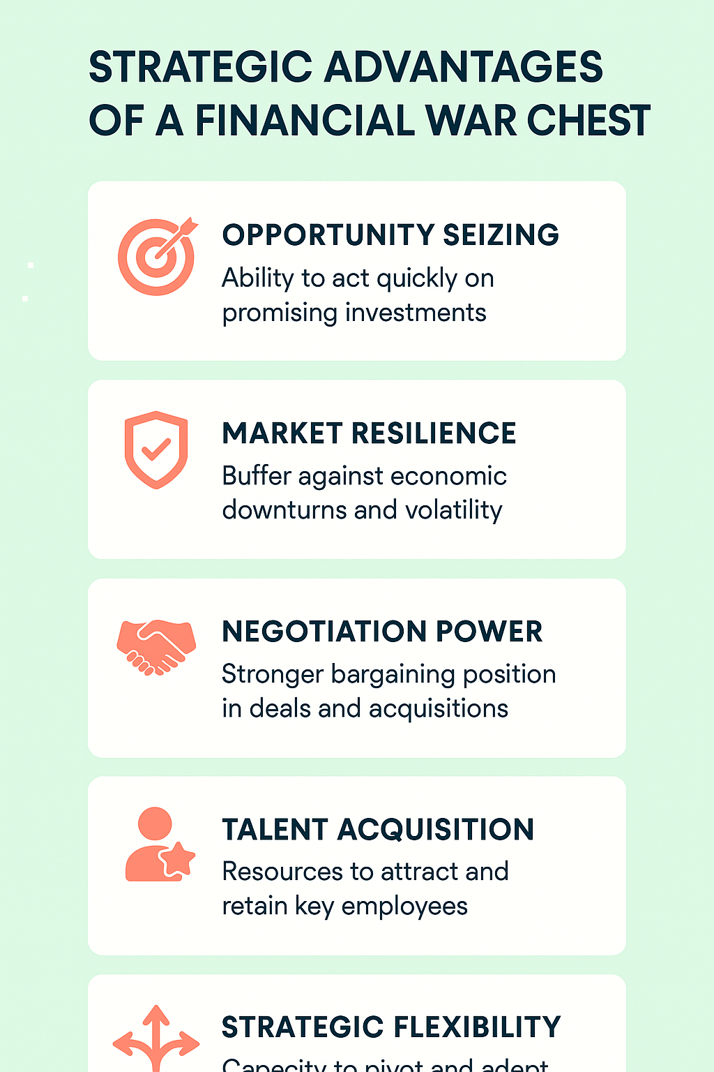 Strategic advantages of financial war chest including opportunity seizing, market resilience, negotiation power, talent acquisition, and strategic flexibility