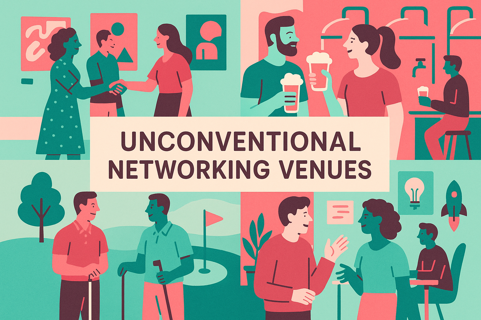 Creative illustration of unconventional networking venues like art galleries and breweries